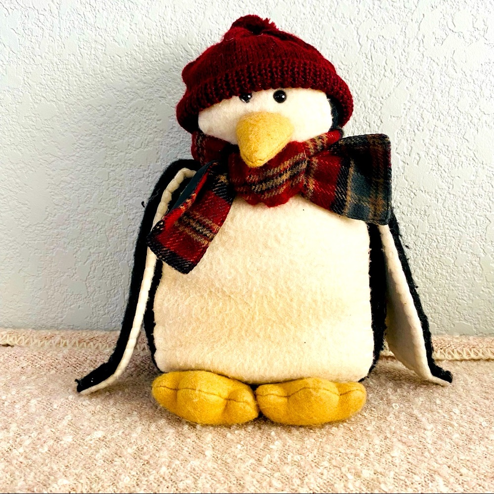 Pier 1 wintertime penguin, burgundy plaid bow